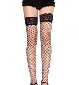 Lace Top Fence Net Thigh Highs - One Size - Black