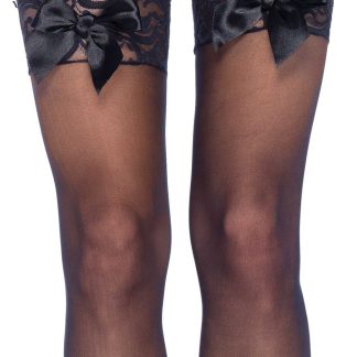 Sheer Lace Top Thigh Highs With Satin Bow Accent - One Size - Black