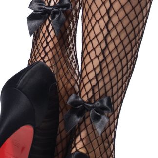 Stay Up Industrial Net Backseam Thigh Highs With Lace Top and Satin Bow Accent - One Size - Black
