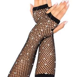 Rhinestone Fishnet Arm Warmers Black