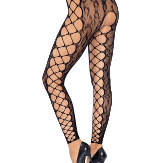Footless Leopard Lace Crotchless Tights - Black