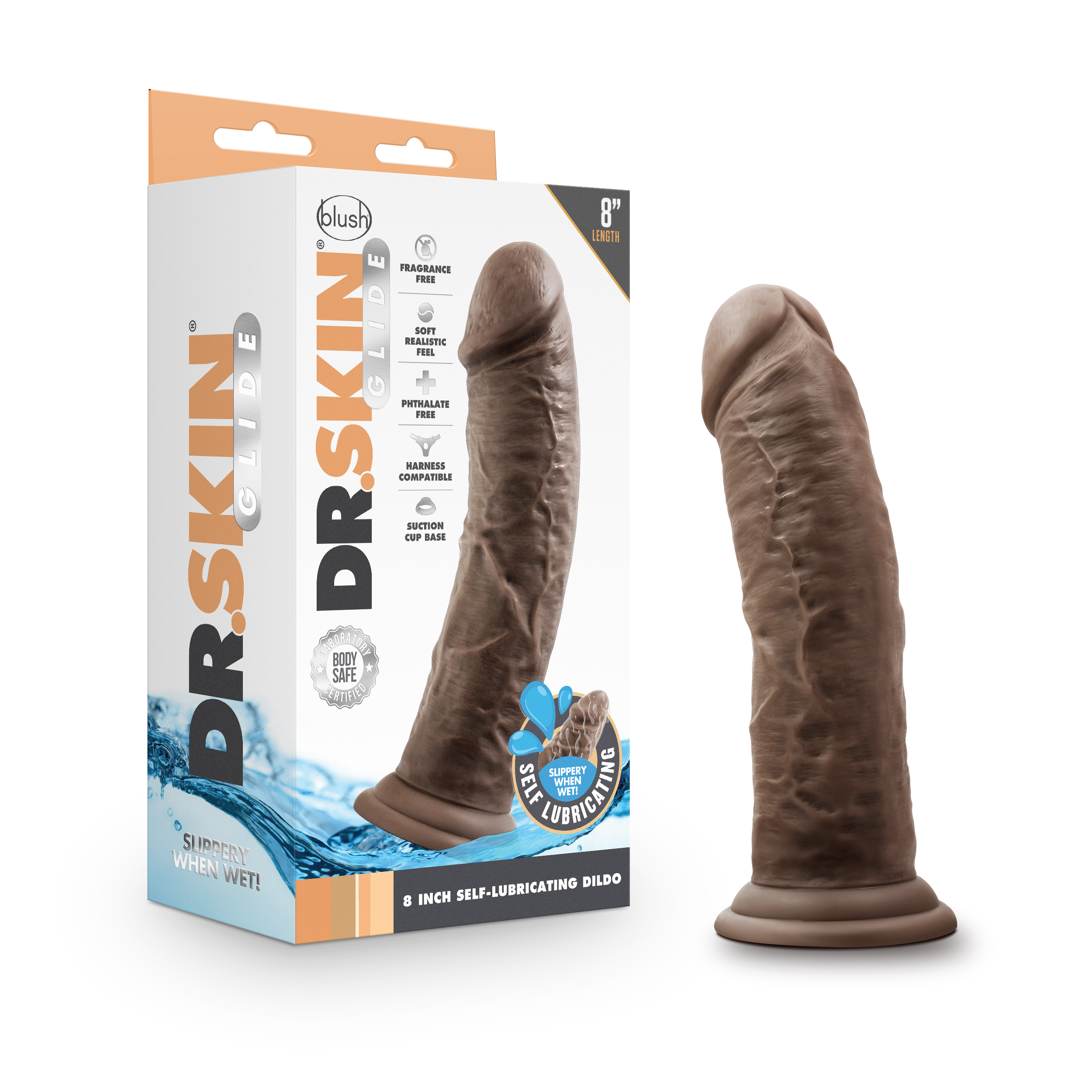Dr. Skin Glide 8 Inch Self Lubricating Dildo - - Chocolate