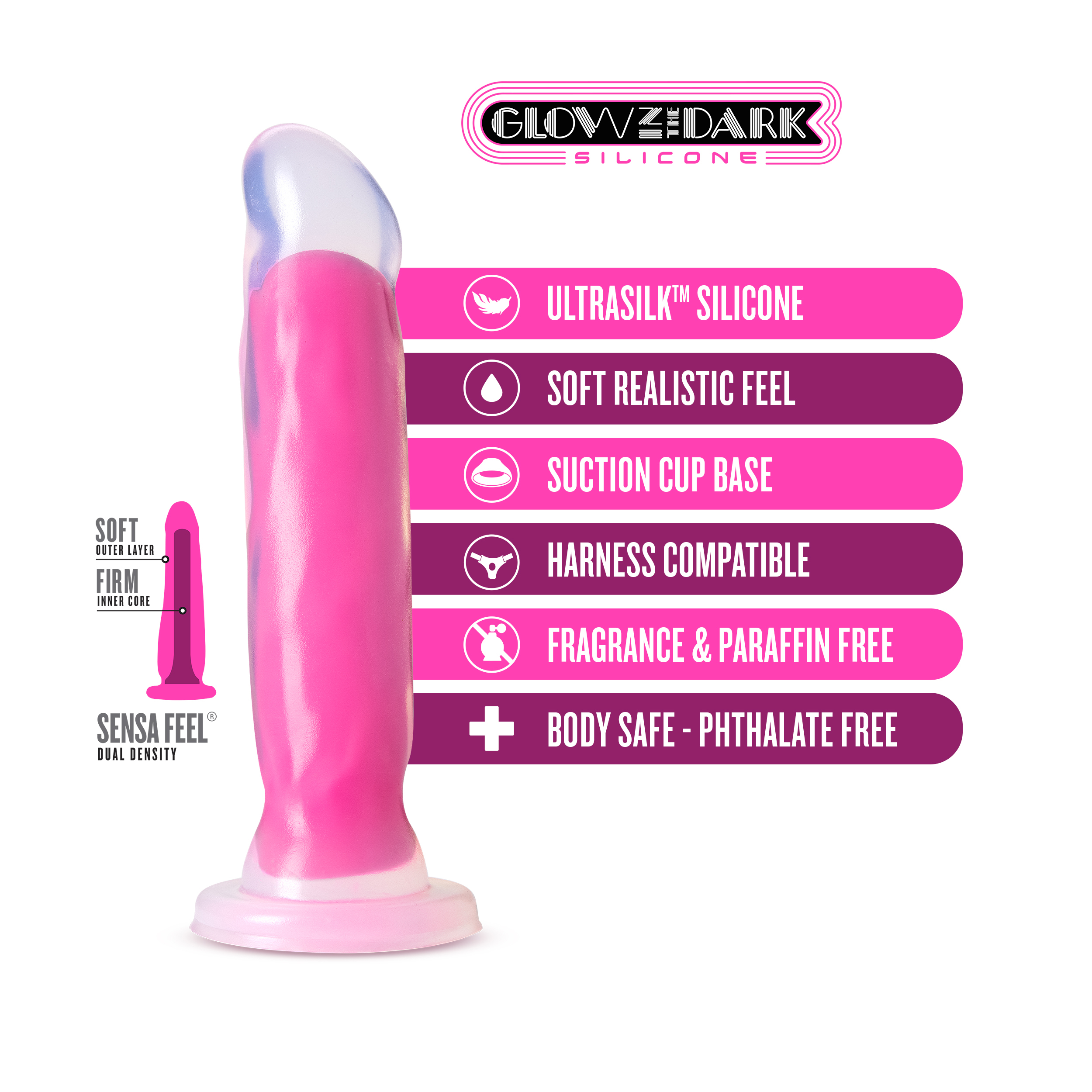Neo Elite Glow in the Dark - Marquee - 8 Inch Silicone Dual Density Dildo - Neon Pink