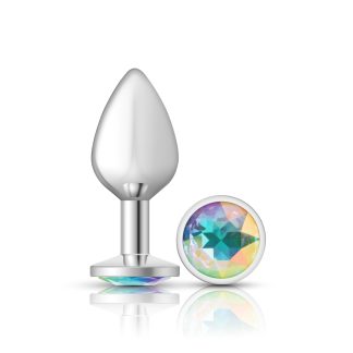 Clear Iridescent Round Gem Silver Metal Plug - Md