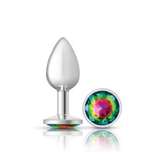 Rainbow Round Gem Silver Metal Plug - Sm