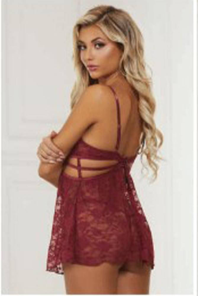2 Pc Lace Babydoll and G-String Set - One Size - Wine