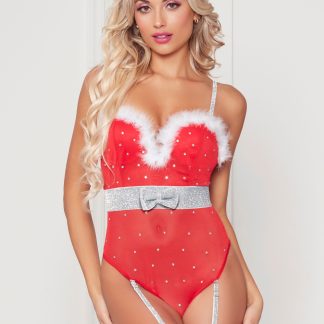 Rhinestone Studded Mesh Teddy With Marabou Trim - Small - Red