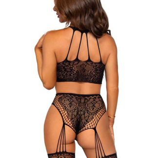 Stay Awhile Crop Top and Crotchless Panty Set - One Size - Black