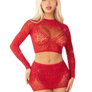 Red 2pc Rhinestone Lace and Net Crop Top with - Heart Keyhole Mini Skirt - Os