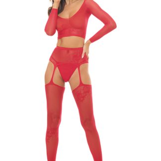 Permanent Mark Long Sleeve Top and Garter Bodystocking Red - Os