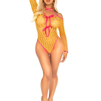 Eyelet Net Teddy With Tie-Front Keyhole Detail O/s - Neon Orange