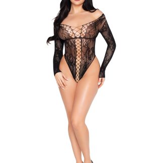 Net and Lace Crotchless Teddy - Os - Black