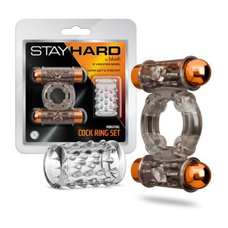 Stay Hard Vibrating Cock Ring Set With Dual Bullets Textured Sheath