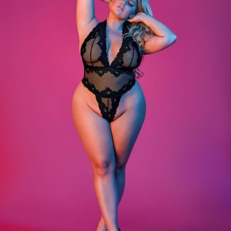 Sexy Time Deep Plunge Halter Teddy - Black - 1x-3x