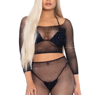 2 Pc Rhinestone Fishnet Crop Top and Biker Shorts - Black - One Size