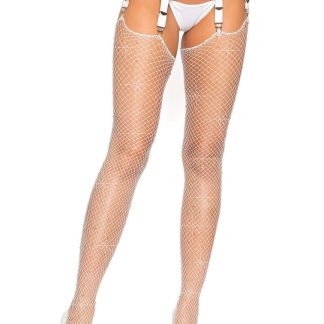 Rhinestone Fishnet Stockings - One Size - White