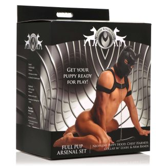 Full Pup Arsenal Set Neoprene Puppy Hood, Chest Harness, Collar With Leash and Arm Band - Black