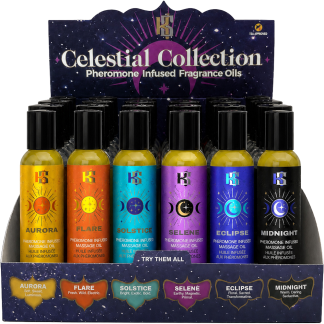 Celestial 2 Oz Massage Oil Pheromone Prepack Display (24 Assorted Massage Oils)
